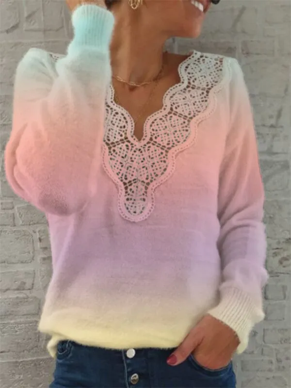 V-neck gradual change lace pullover sweater top