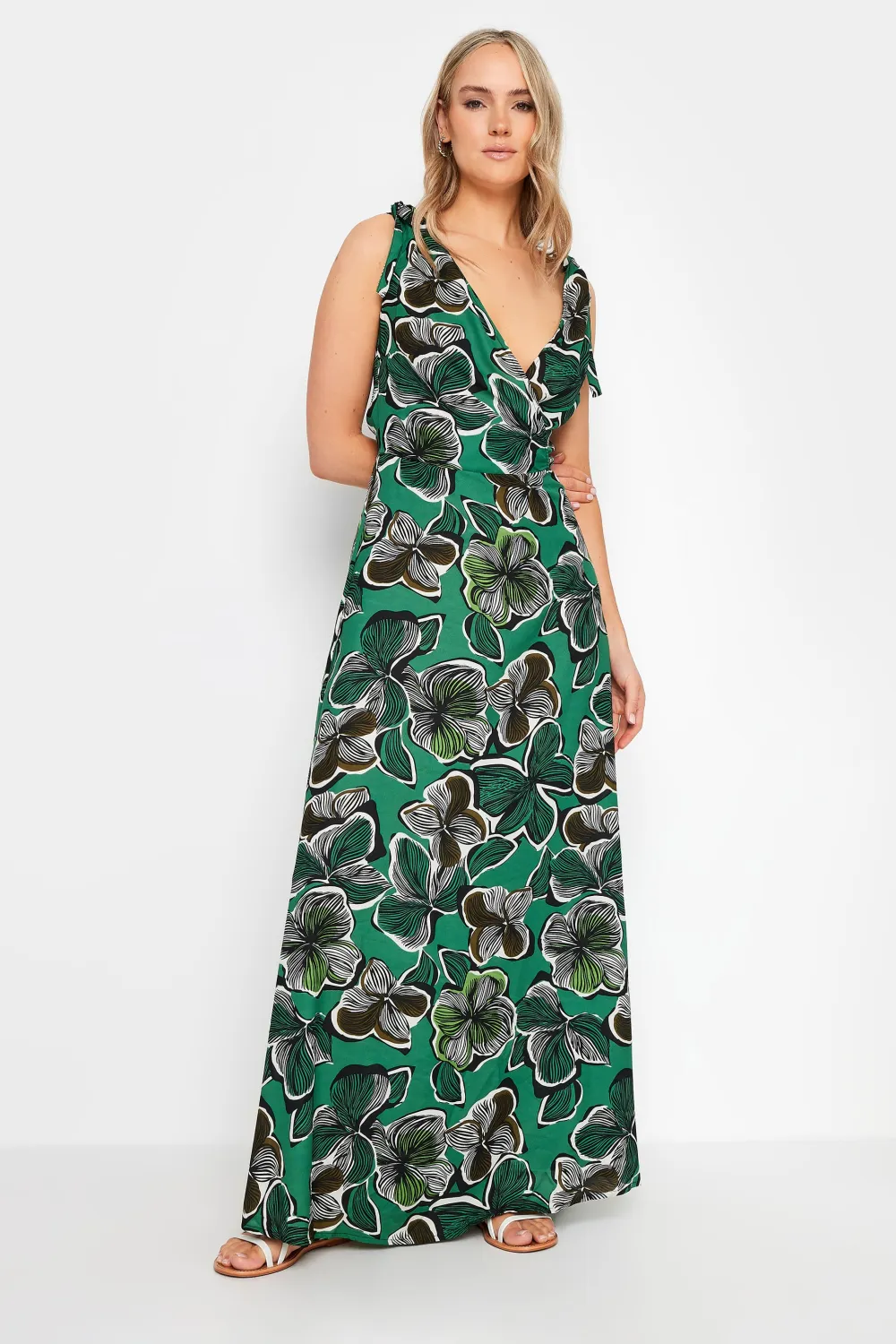 LTS Tall Green Tropical Print Shoulder Tie Maxi Dress