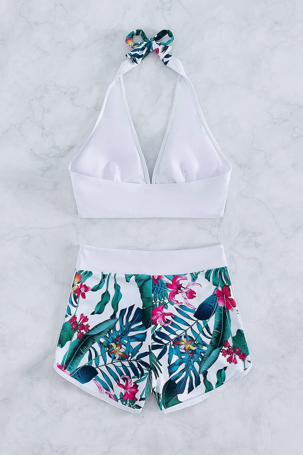 Swim Tropical Print Bikini Set Halter Bra & Boxer Shorts 2 Piece Swimsuit