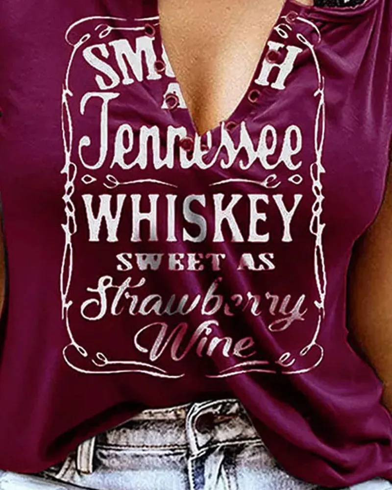 Smooth As Tennessee Whiskey Sweet As Strawberry Wine Print Eyelet Decor Casual Tank Top