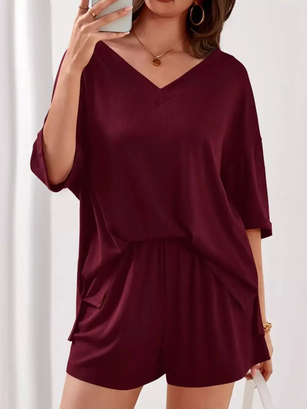 Casual V Neck Top Shorts Set