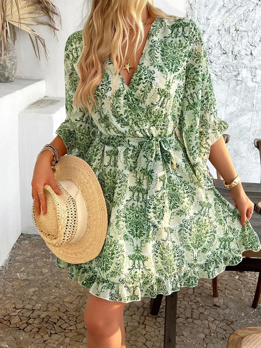 Relaxed Surplice Neck Ruffle Trim Dress