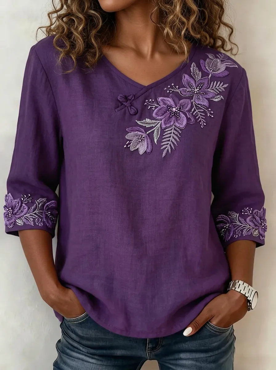 Women's Nashville Floral Embroidered V-Neck Linen Top