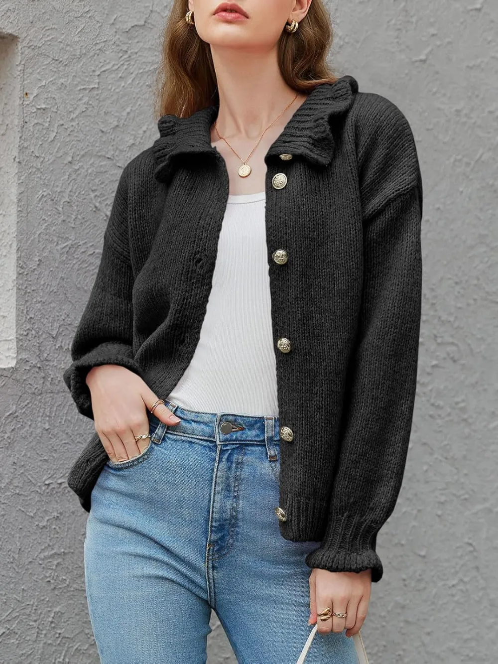 🎄Hot Sale Ruffle Cardigan Oversized Button Up Ribbed Knit Open Front Long Sleeve Loose Sweater