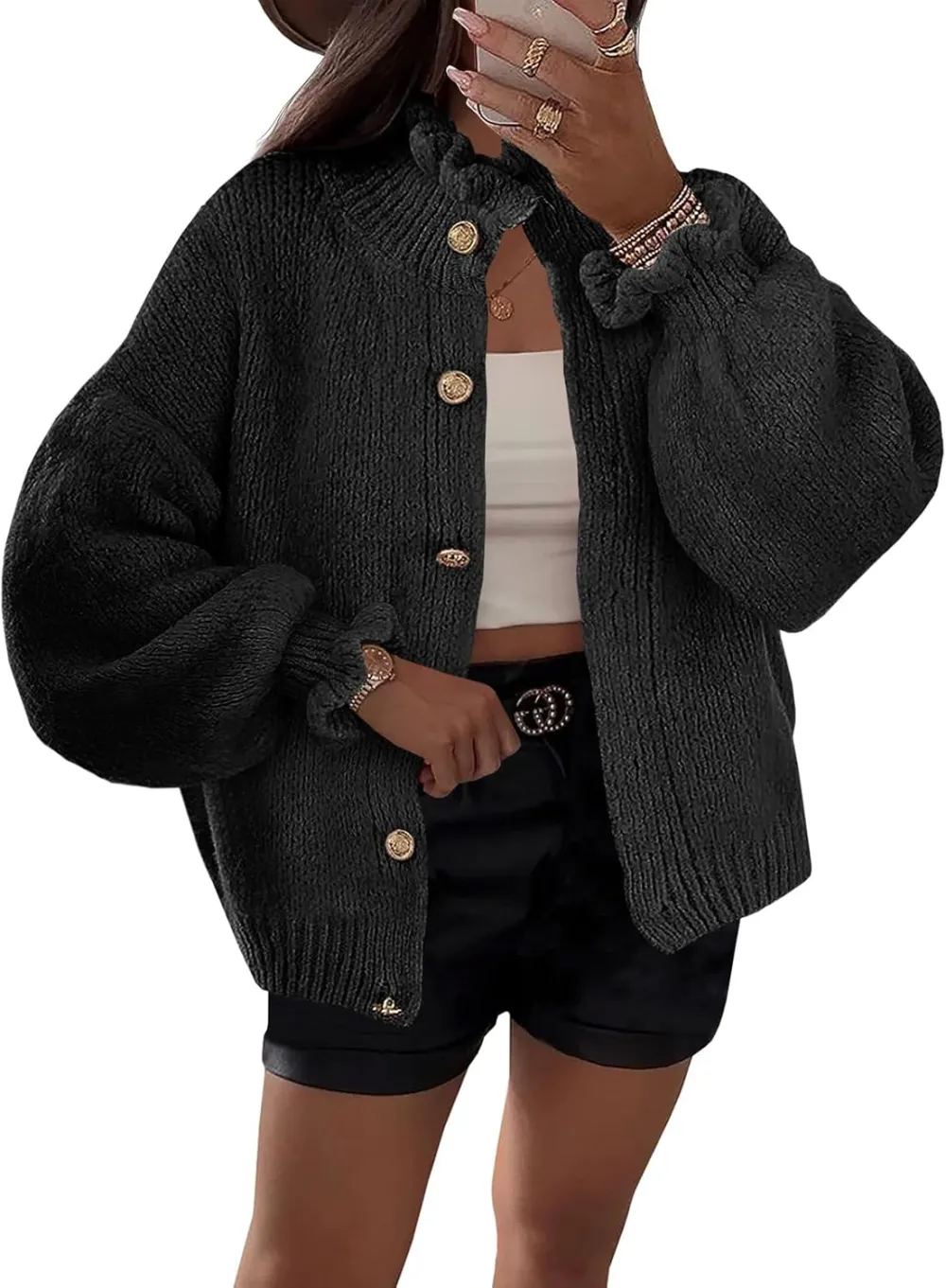 🎄Hot Sale Ruffle Cardigan Oversized Button Up Ribbed Knit Open Front Long Sleeve Loose Sweater