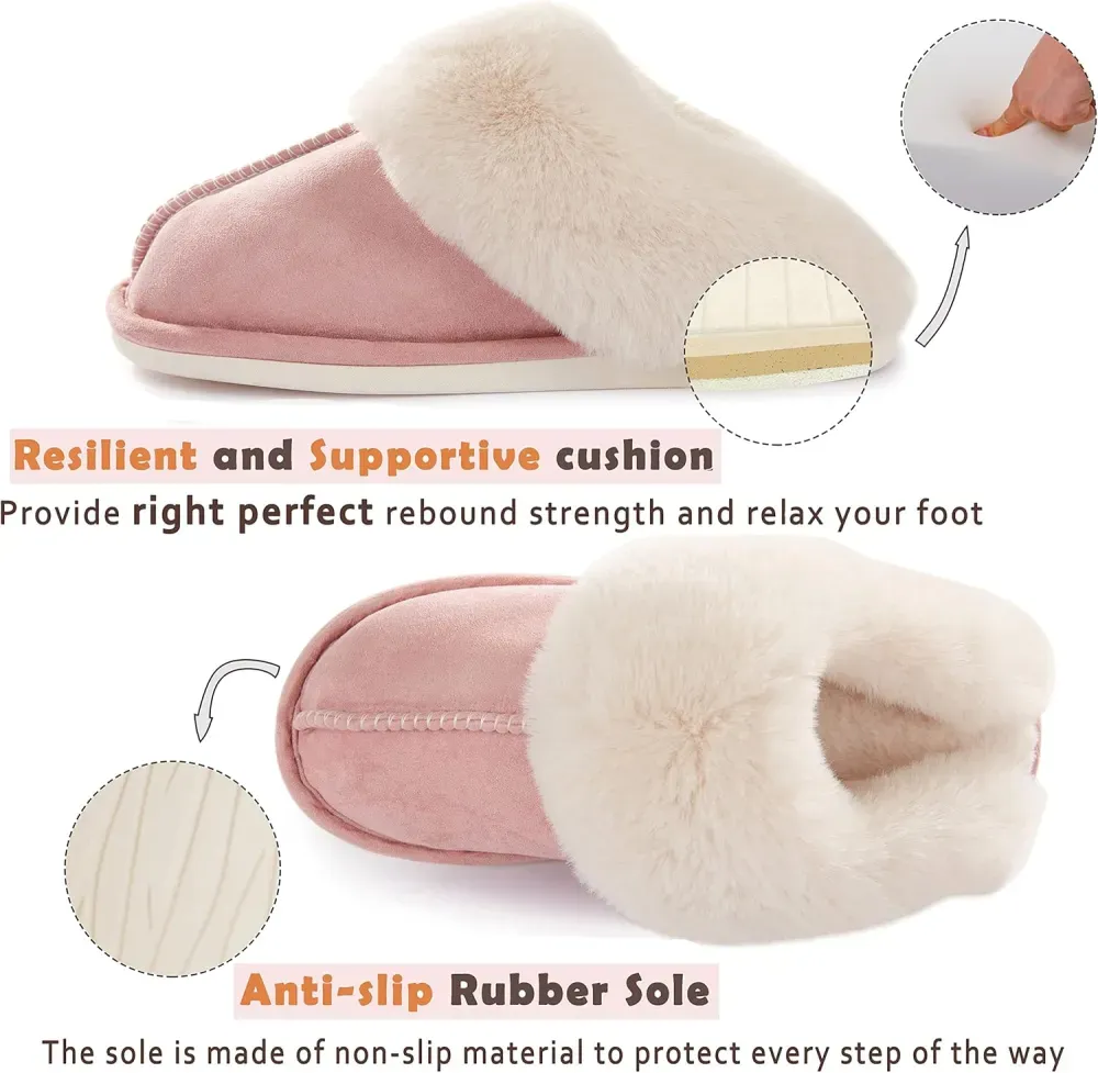 Womens Slipper with Memory Foam Fluffy Soft Warm Slip On House Slippers Anti-Skid Cozy Plush for Indoor Outdoor