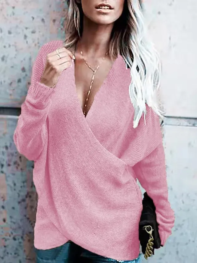 Women's Sweater Pullover Jumper Criss Cross Knitted Solid Color Stylish Casual Long Sleeve Regular Fit Sweater Cardigans V Neck Fall Winter Blue Purple Pink / Holiday / Going out