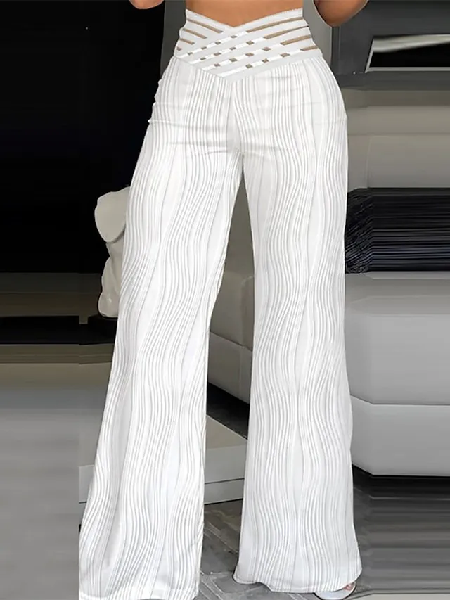 Women's Bell Bottom Wide Leg Pants Trousers Full Length High Cut Hole Micro-elastic High Waist Fashion Streetwear Party Street Black White S M Summer Fall
