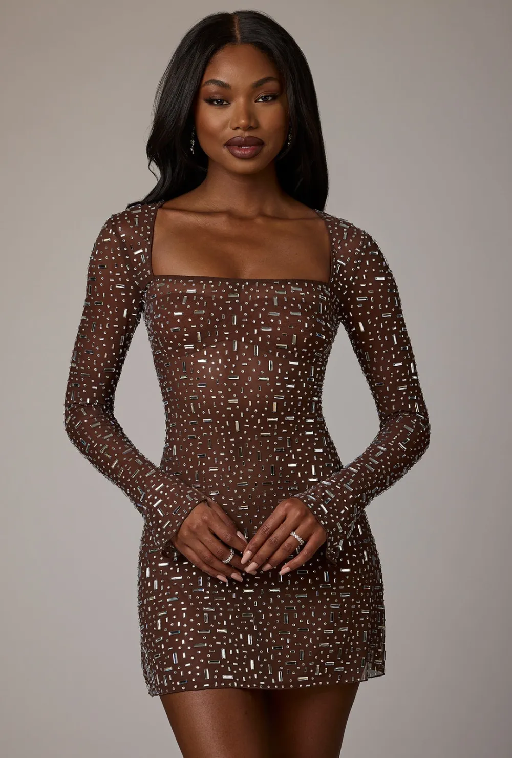 Sheer Embellished Long Sleeve A-Line Mini Dress - Almond
