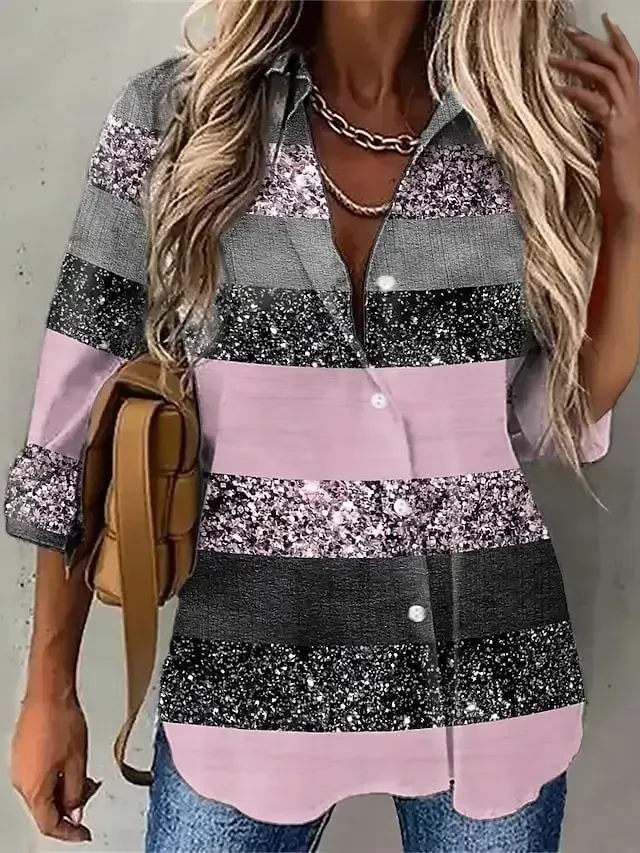 Women's Blouse Shirt Green Blue Purple Graphic Striped Button Print Long Sleeve Daily Weekend Streetwear Casual Shirt Collar Regular S
