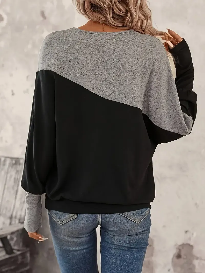 Color-Blocked Long-Sleeve Crew Neck Top