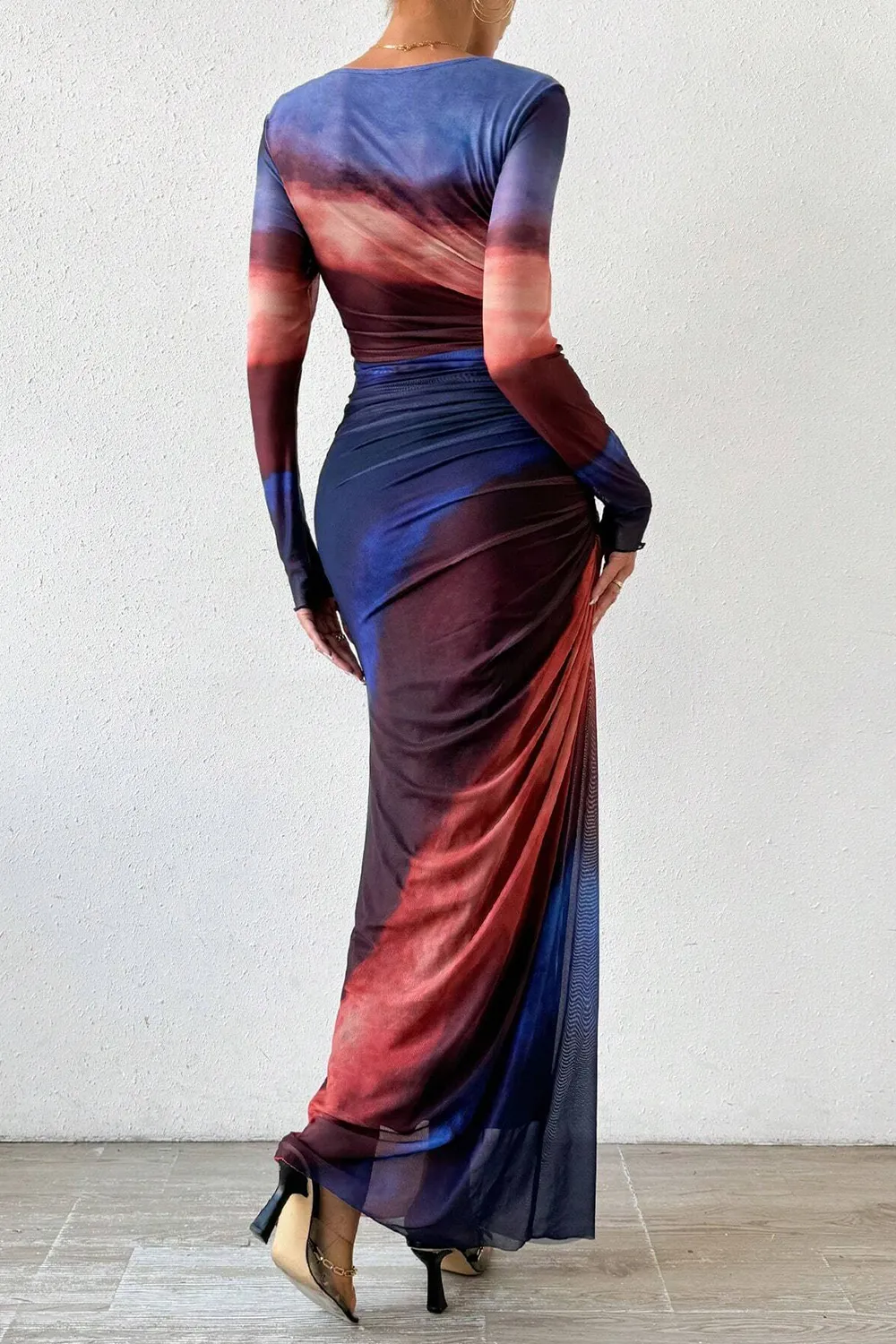 Women's Tie Dye Long Sleeve Pleated Dress