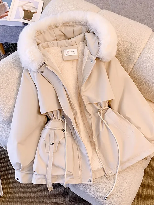 Women's Puffer Jacket Winter Fleece Parka with Collar Drawstring Zipper Coat Windproof Warm Hoodie Jacket with Pockets Fashion Street Outerwear Brown Black Khaki
