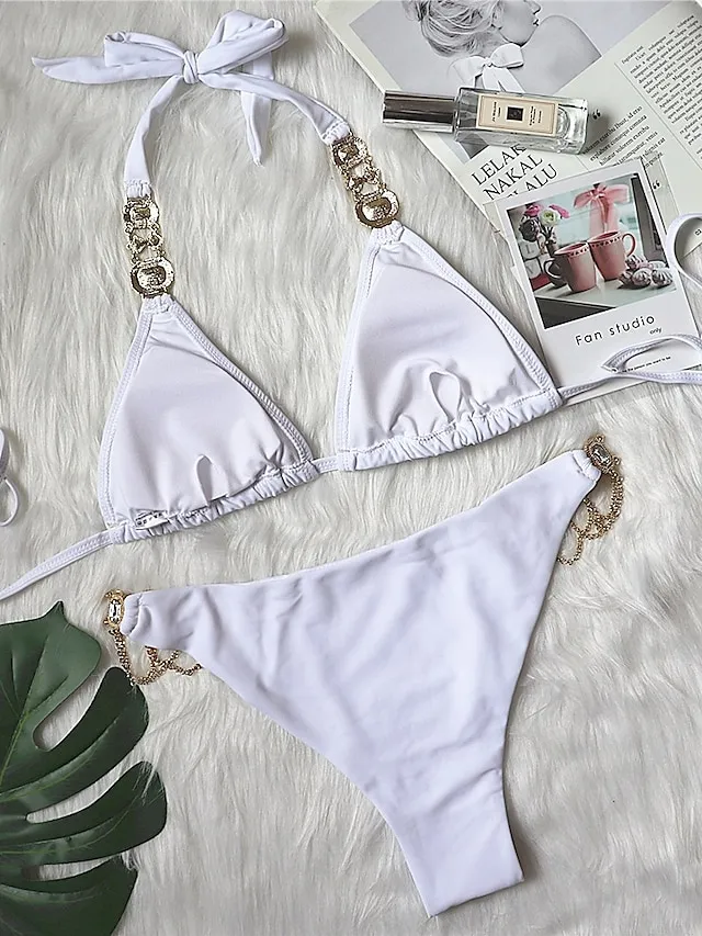 Women's Swimwear Bikini 2 Piece Normal Swimsuit Glitter Solid Color Black White Yellow Red Blue Plunge Bathing Suits Sexy Vacation Fashion