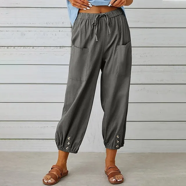 Women's Pants Trousers Linen Cotton Blend Pocket Ankle-Length Black Spring & Summer