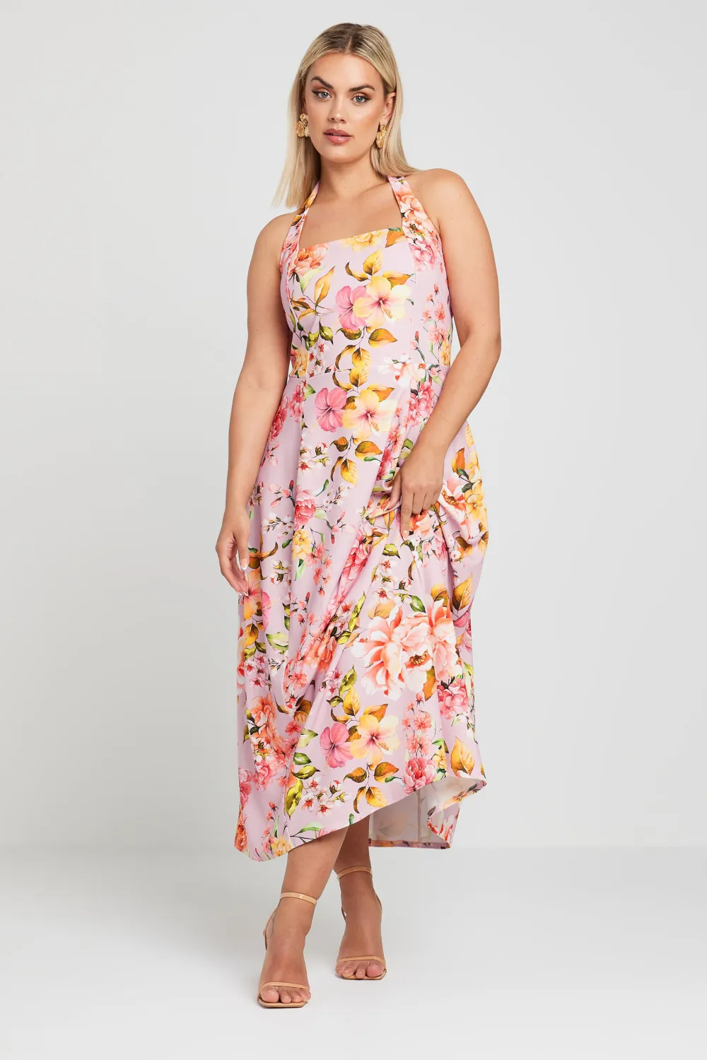 YOURS Curve Pink Floral Print Halter Neck Midaxi Dress