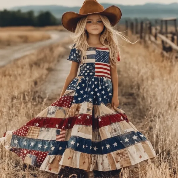 Young Girl's Patchwork Independence Day America Flag Print Linen Short Sleeve Dress