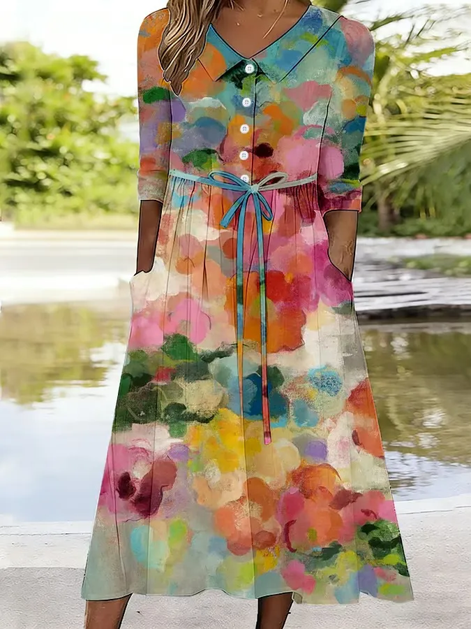 Women's Vintage Floral Design Lace Up Pocket Dress