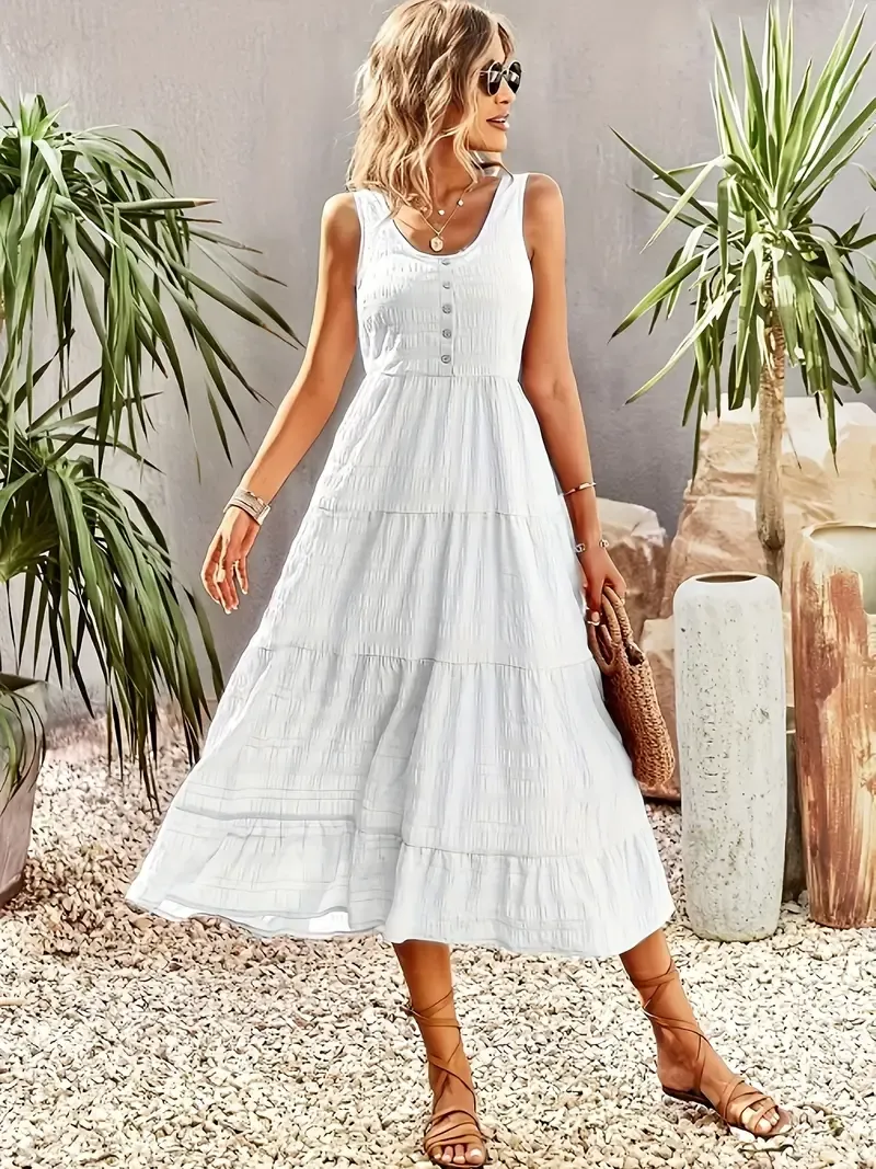 Women's Sleeveless U-Neck Maxi Dress - Solid White, Ruffled Hem, Button Detail, Polyester, Spring/Summer Casual Wear