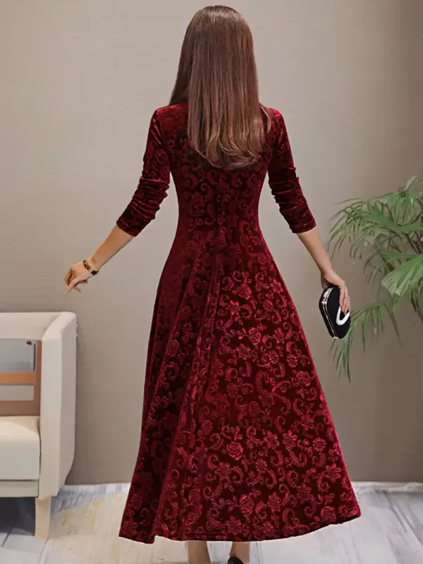 Solid Color Long Sleeve Dress - Elegant V Neck Flared Dress For Spring & Fall - Women's Clothing - Suitable for Casual & Formal Occasions - Perfect Gift for Women