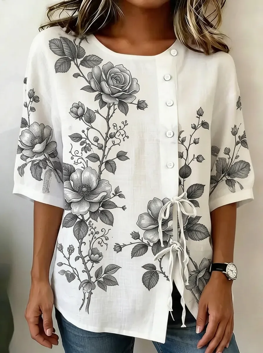 Women's Nashville Floral Botanical Sketch Printed Blouse