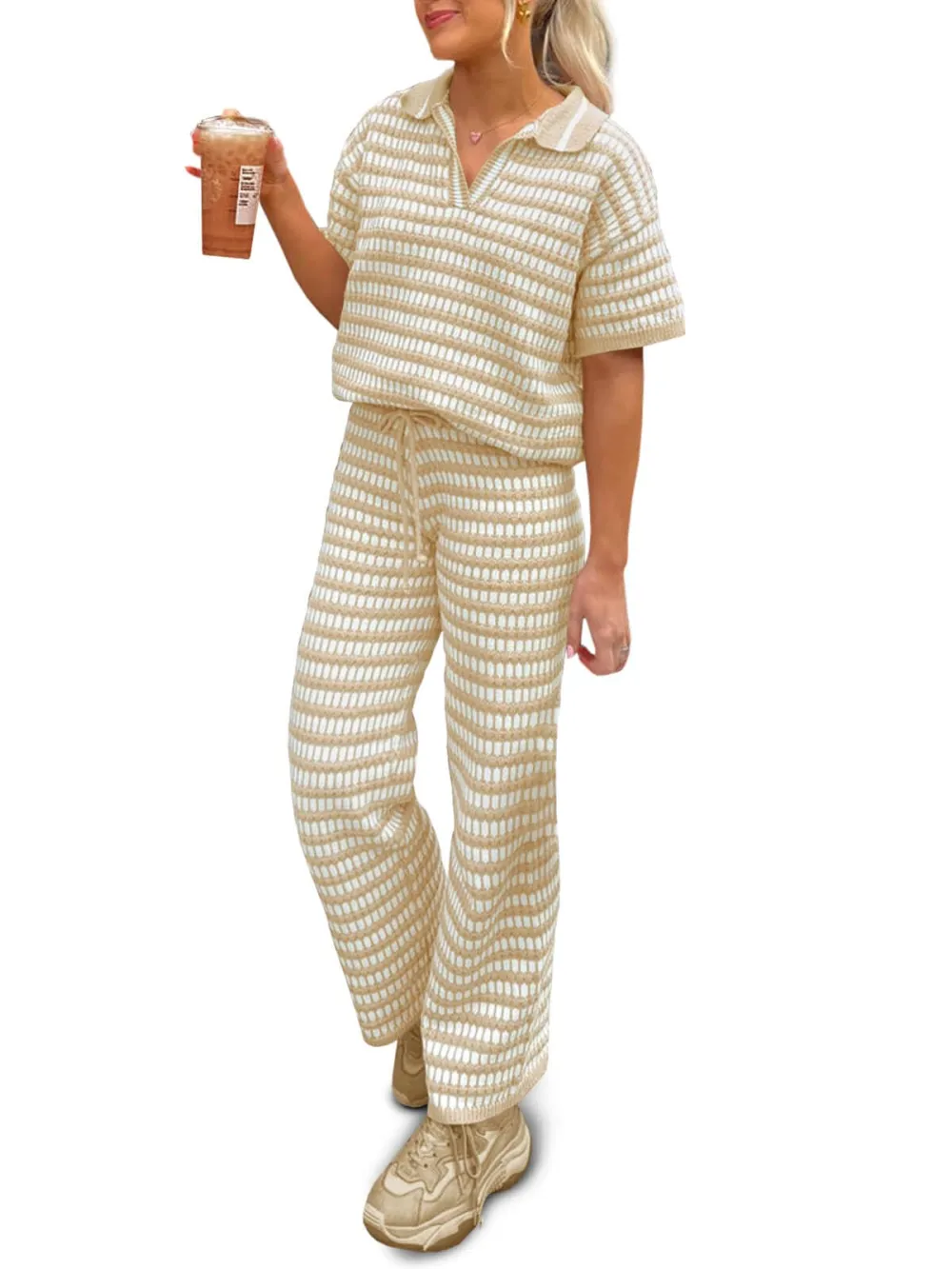 Womens 2 Piece Outfits Striped Short Sleeve Sweater Tops Knit Sets Wide Leg Pants Lounge Set