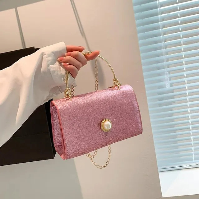 Women's Handbag Crossbody Bag Shoulder Bag PU Leather Party Daily Holiday Pearls Chain Durable Solid Color Silver Black Pink