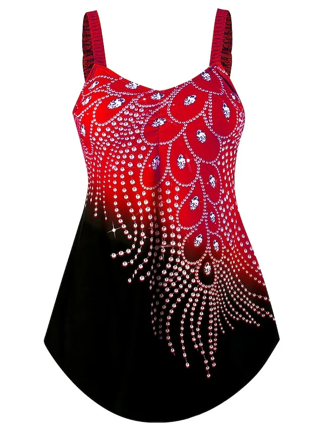 Women's Swimwear Swim Dress 2 Piece Plus Size Swimsuit for Big Busts Print Leaf Yellow Red Blue Rose Red Bathing Suits New Vacation Sporty