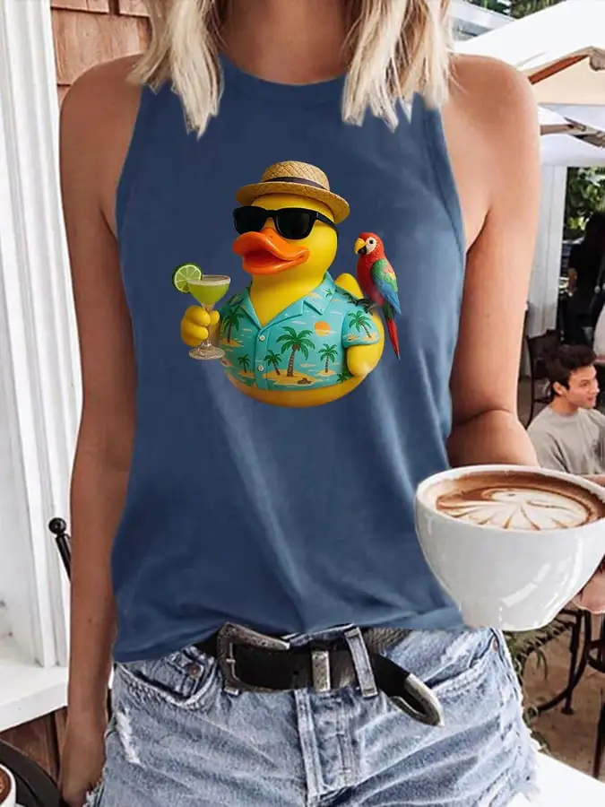 Retro Vacation Parrot Margarita Memorial Duck Print Tops Tank