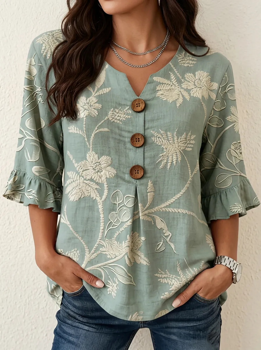 Women's Nashville Floral Botanical Embroidered Printed Top