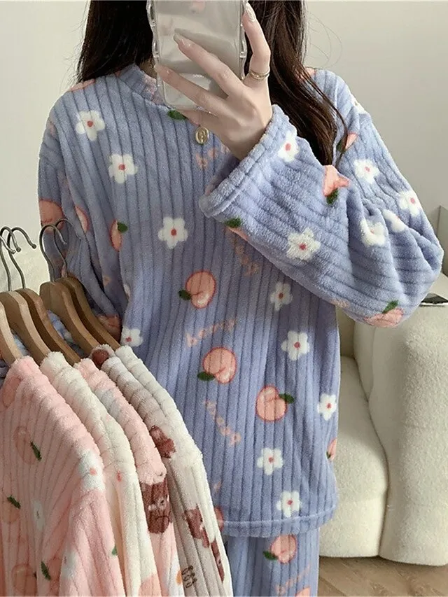 Women‘s Fleece Pajamas Sets Fluffy Fuzzy Warm Pajama Fruit Bear Plush Casual Comfort Home Daily Bed Coral Fleece Coral Velvet Warm Crew Neck Long Sleeve Pant Fall Winter Black bow Peach Pink