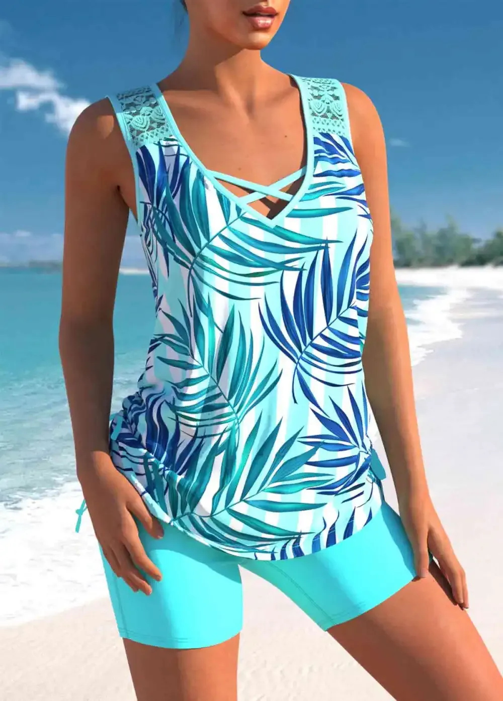 Floral Print Black Cross Strap Tankini Set