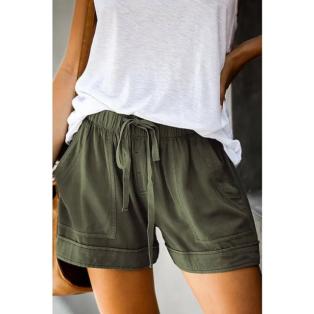 Women‘s Shorts Drawstring Pocket Plain Daily Regular Summer Green Black Pink Orange Red