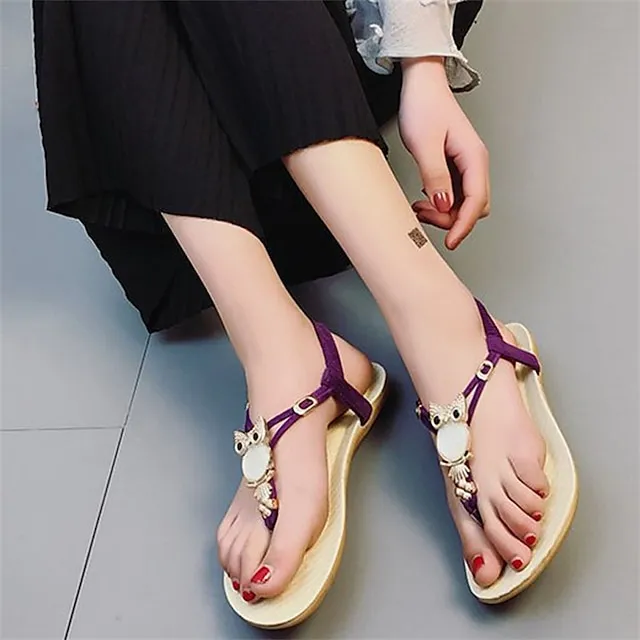 Women's Sandals Boho Bohemia Beach Flat Sandals Plus Size Party Daily Summer Flat Heel Round Toe Elegant Sexy Sweet PU Leather Loafer Solid Colored Black Red Blue