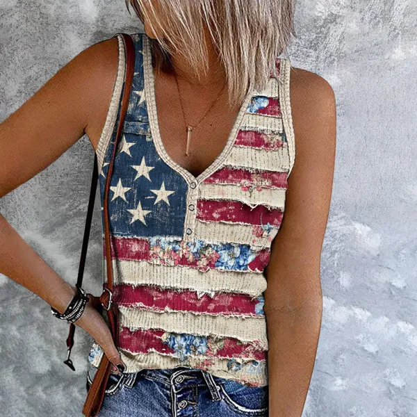 Women's Independence Day Flag And Floral Print Tank Top