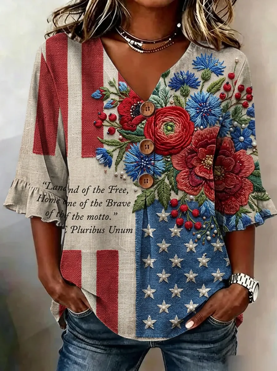 Women's USA Patriotic Floral Flag Printed V-neck Button Top