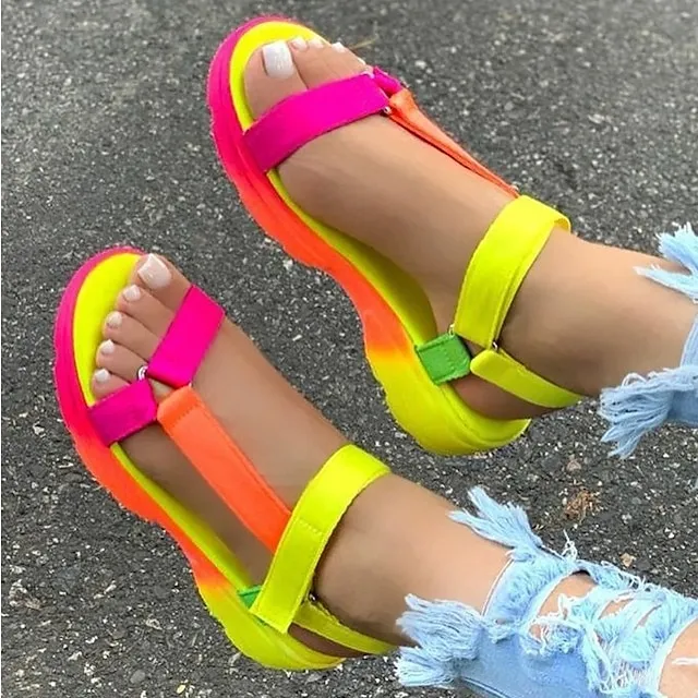 Women's Sandals Plus Size Outdoor Beach Summer Platform Open Toe Casual Minimalism Satin Magic Tape Solid Color Rainbow White Blue
