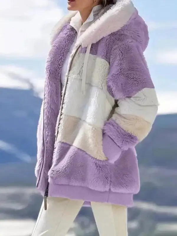Loose Plush Multicolor Hooded Coat