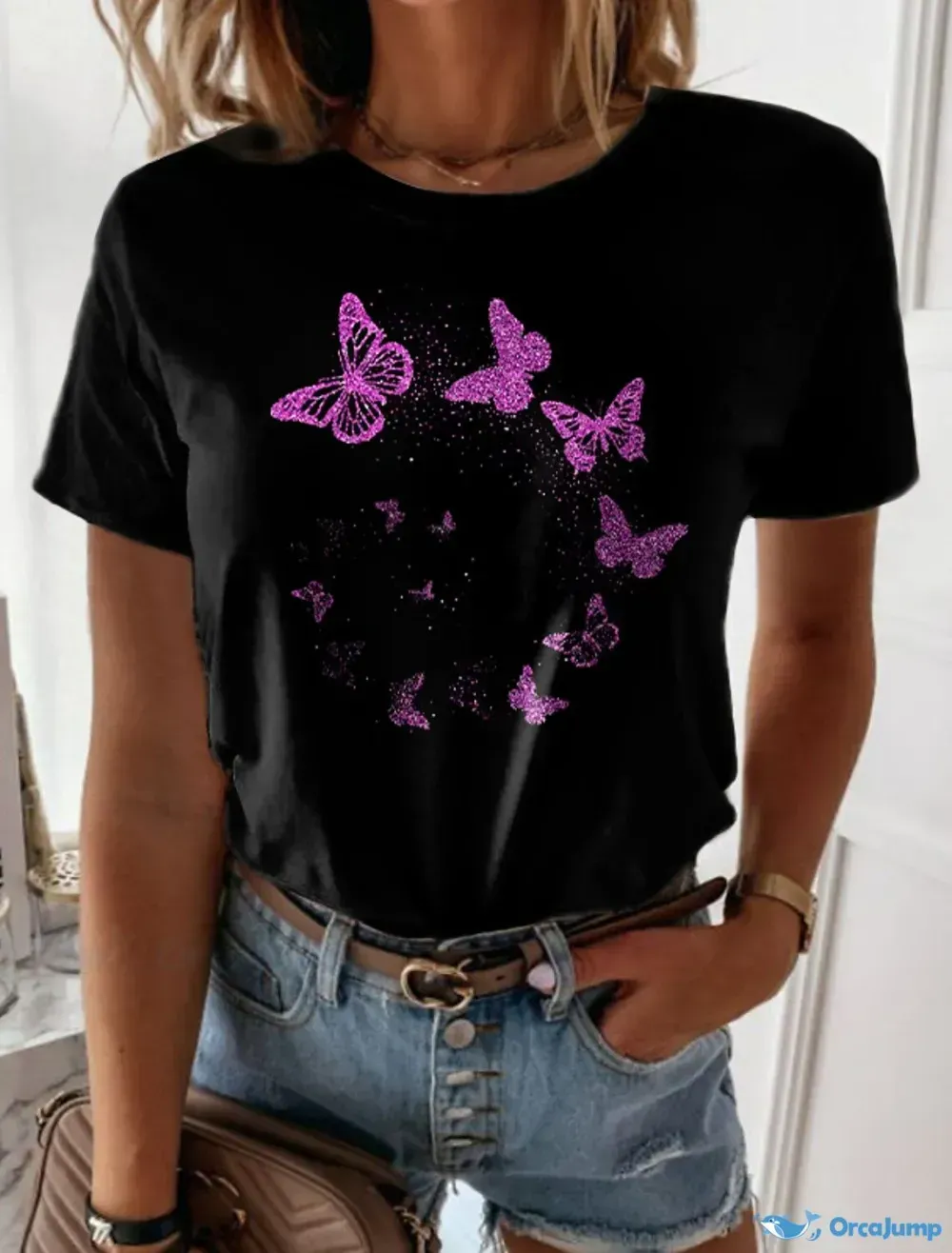 Women's T-Shirt Tee with Short Sleeves and Round Neckline Featuring a 3D Butterfly Painting Print in Green, Blue,