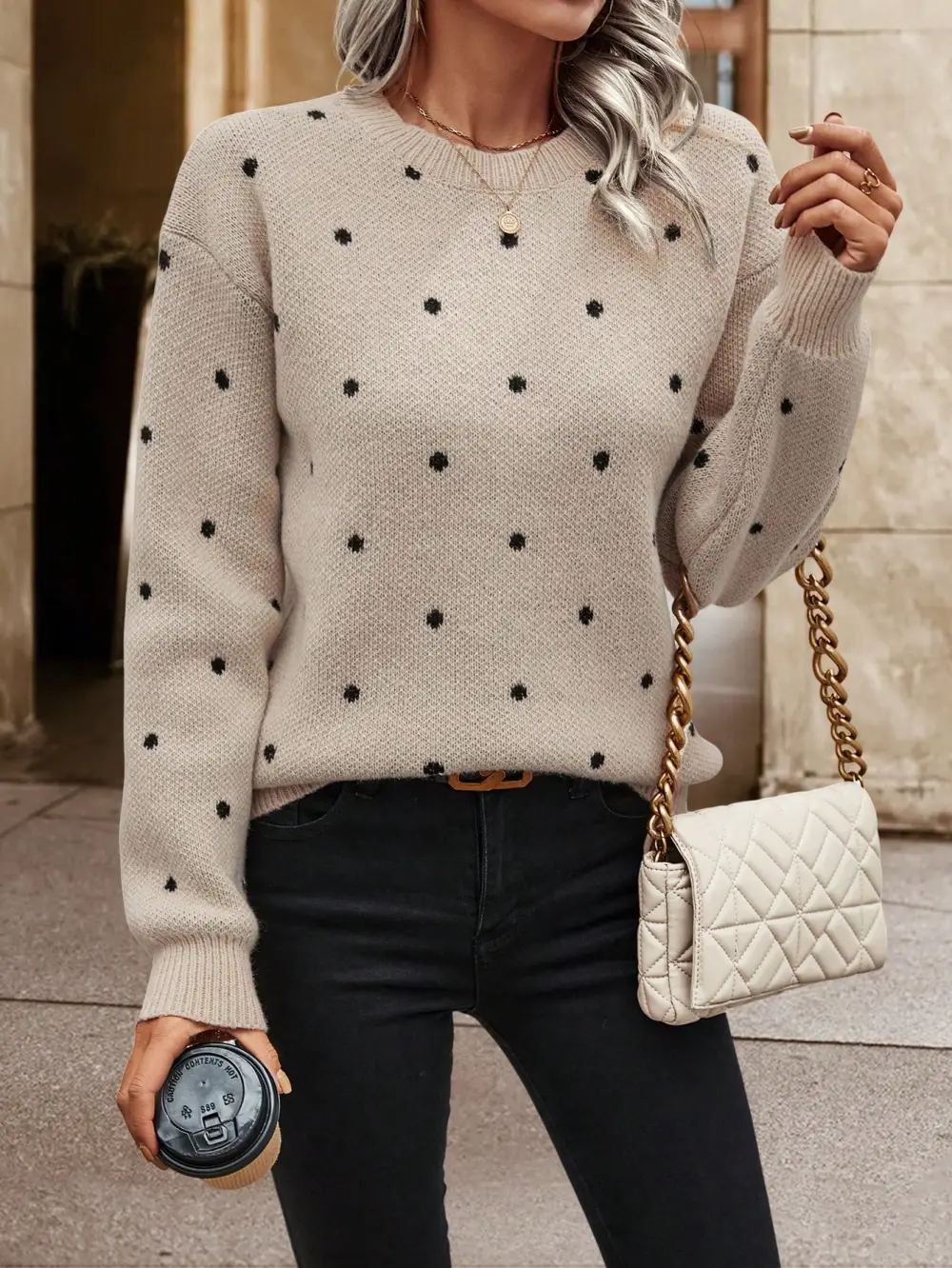 Polka Dot Pattern Drop Shoulder Sweater