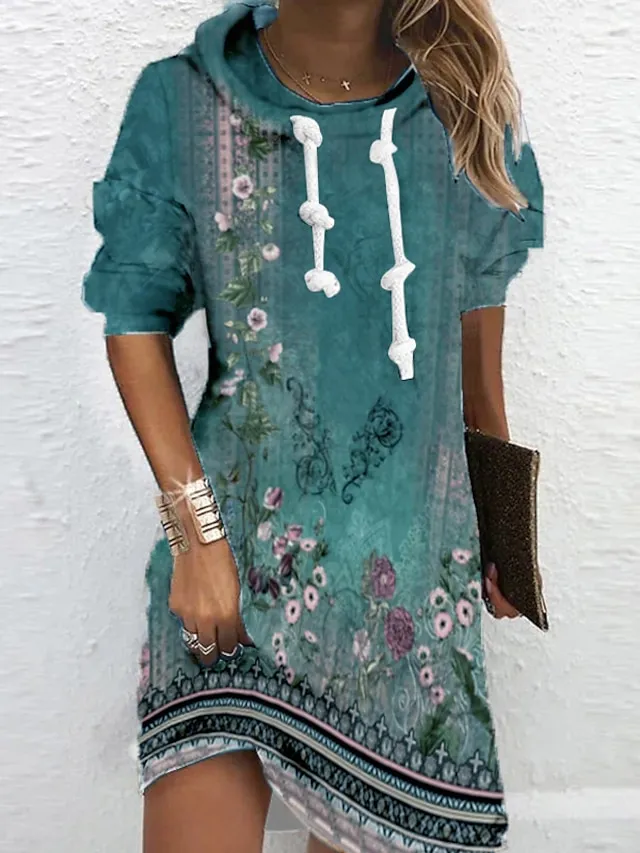 Women's Hoodie Dress Winter Dress Shift Dress Mini Dress Colorful Light Green Blue Long Sleeve Floral Print Fall Winter Autumn Hooded Vacation Vacation Fall Dress 2023 S M L XL XXL 3XL