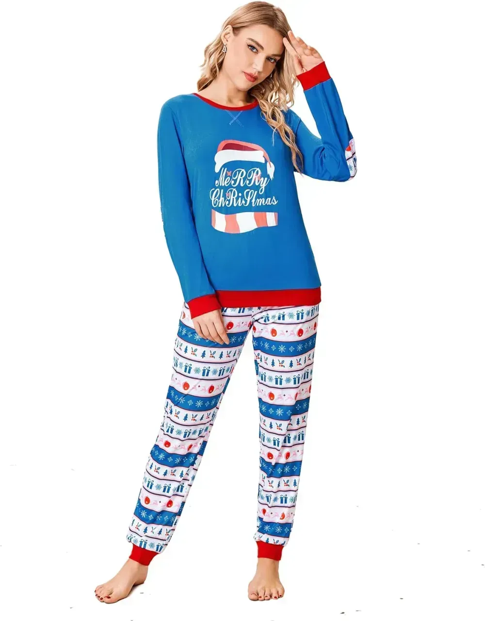 Women's Pajamas Sets Long Sleeve with Plaid Pants Soft Sleepwear O Neck 2 Piece Pjs Joggers Loung Set with Pockets