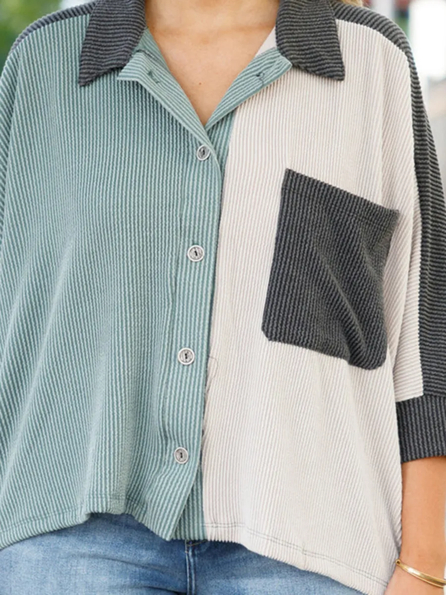 没有分类-Spliced contrasting button pocket shirt