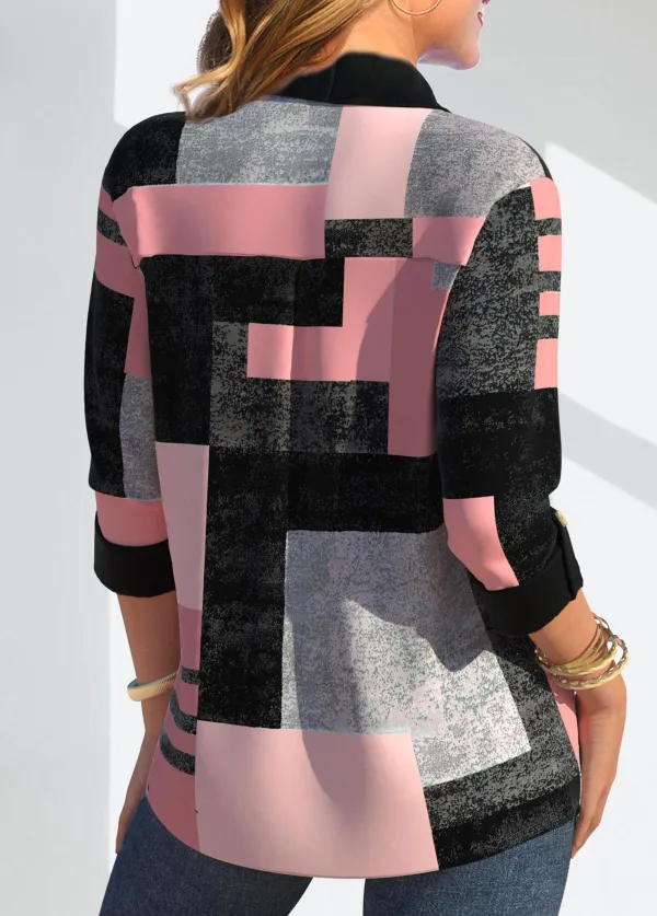Pink Button Geometric Print Three Quarter Length Sleeve Blouse