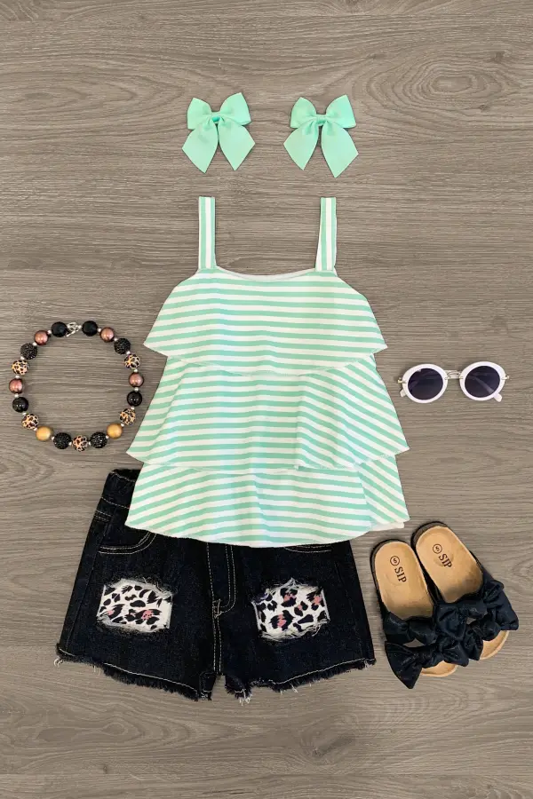 Green & White Striped Leopard Denim Short Set