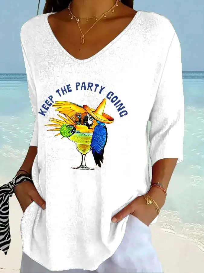 Women's Retro Muscic Lover Parrot Keep The Party Going Print Shirt