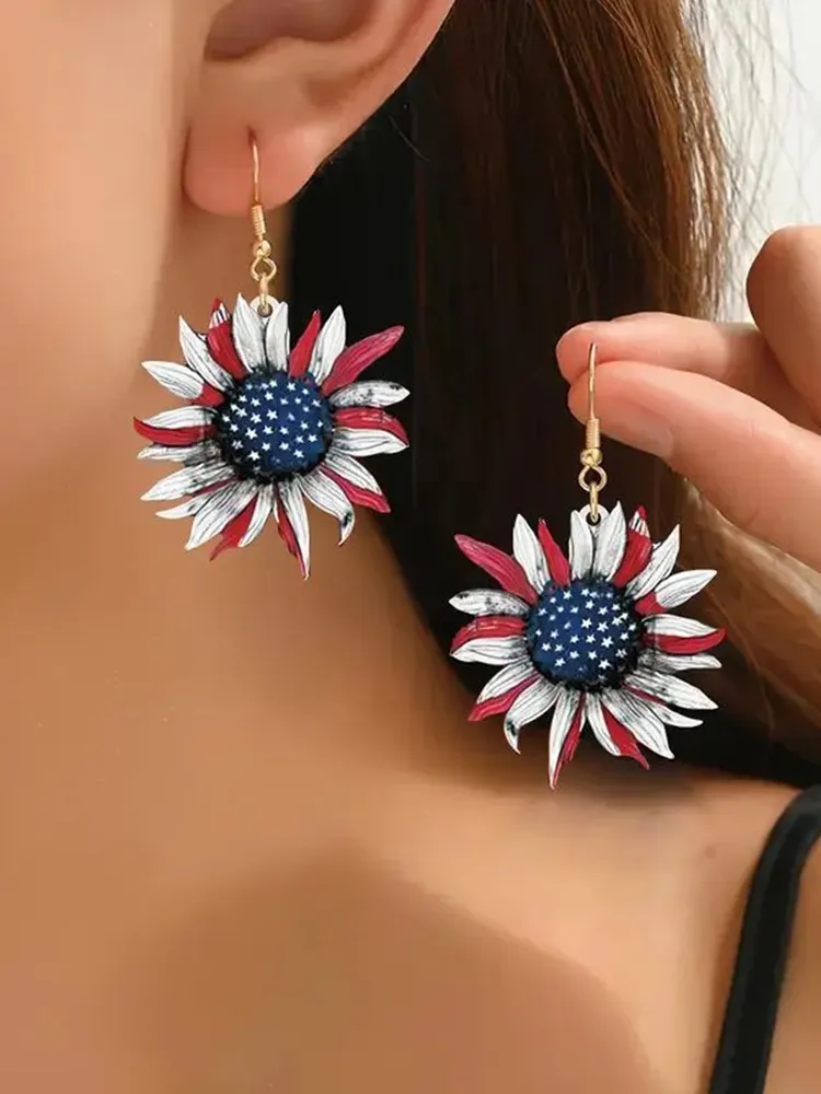 American Independence Day Sunflower Flower Art Earrings