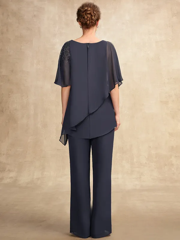 Diagonal Neck Solid Color Top Trousers Set