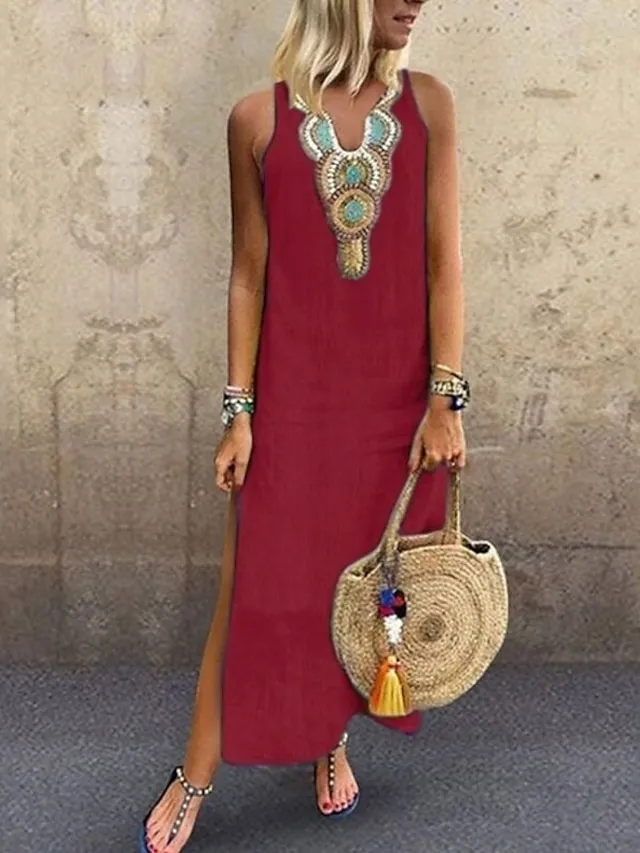 Women's Casual Dress Shift Dress White Dress Long Dress Maxi Dress Polyester Hot Casual Holiday Vacation Beach V Neck Split Print Sleeveless Summer Spring Fall 2023 Regular Fit White Yellow Wine