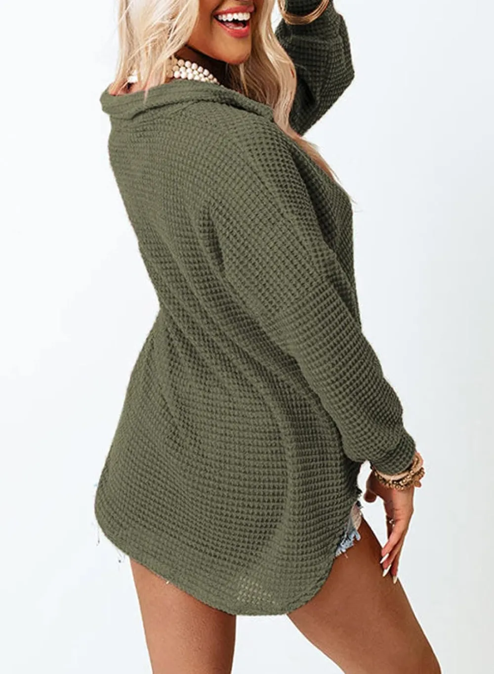 Womens Waffle Knit Button Down Shirts Casual Long Sleeve Shacket Jacket Boyfriend Tops Blouses Loose Fit